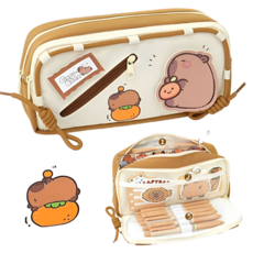 킵틸 귀염뽀짝 카피바라 분리 수납 정리형 필통 천소재 펜 파우치, 1개, 라이트브라운