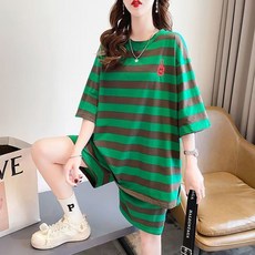 AREVI 여름 여성 트레이닝 세트 빅 사이즈 라운드 스트라이프 슬랙스 캐주얼 반팔 반바지 세트