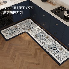 廚房地墊復古花磚吸水速幹防滑腳墊子家用耐髒易打理硅藻泥地墊, 1個, 拼接花紋藍-右L型