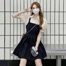 Yellwel신상 여성 가짜 두 벌 멜빵 원피스 편안한 스타일 DJP