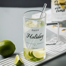 700ml耐高溫帶把手字母冷飲杯 大容量辦公室水杯 簡約時尚啤酒杯 耐熱帶蓋玻璃杯, Holiday款(不帶蓋), 1個