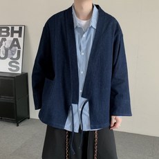 루즈핏 데님 카디건 재킷 남녀공용 가을 스타일 일본 기모노 디자인 커플용 아우터 트렌디한 외출용 다용도 긴팔자켓