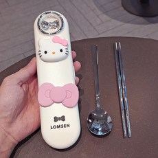 環保餐具組 304不銹鋼筷子勺子套裝便攜式餐具收納盒兒童小學生一人用餐具盒, 1個, 蝴蝶結款-白色(送立體貼)