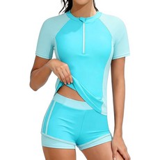 아마존평점4.5+ 미국출고 212886 KISSB 래쉬가드 수영복 투피스 하프 지퍼 반소매 컬러 블록 수영 반바지 포함 7~16세 연한 녹색.