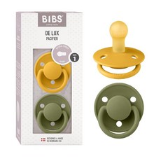 BIBS 젖꼭지 - De Lux 컬렉션 | BPA 프리 아기 젖꼭지 | 덴마크산 | 아이언/베이비 블루 컬러 프리미엄 수더 2개 세트 | 사이즈 0-6개월, Honey Bee / Olive