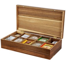 Elama 아카시아 나무 36.9 x 19.1cm(14.25 7.5인치) 10칸 티 박스 티백 오거나이저 자석 뚜껑 주방 보관, Elama 아카시아 나무 36.9 x 19.1cm(14