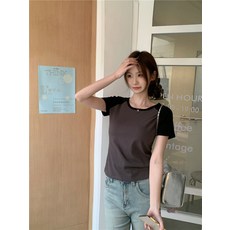 핑크 배색 래글런 소매 반팔 티셔츠 여성용 슬림핏 숏 기장 탑