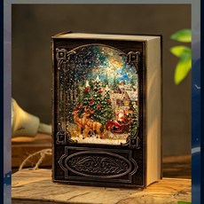 臺灣出貨 聖誕節風燈禮物書本小夜燈老人八音盒裝飾品音樂盒飄雪水晶球 EJHA, 刷金書本老人