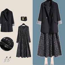 FANSYLI 여성 원피스 세트 결혼식 하객룩 심플 루즈핏 정장 코트+나시 원피스 세트 봄여름 빅사이즈 정장 자켓 롱 프린트 원피스 세트 XR2601J26