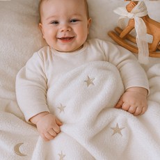 불로홈 아기 밍크 자수 극세사 블랭킷 이불, 화이트 베이지 별달