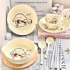 好貨精選 可愛麵包小狗雙耳湯碗飯碗圓盤高顏值釉下彩餐具套裝少女家用帶勺, 麪包小狗,8件套【2圓盤+2米飯碗+2勺子+2筷子, 1個