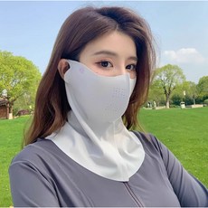 防曬麵罩 全臉防護 冰絲透氣 可飲水, 錦綸半臉護頸款【淺灰】, 1個