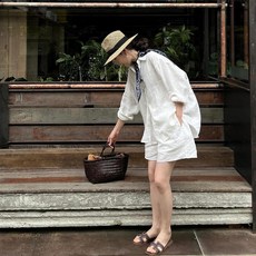 女夏亞麻襯衫短褲套裝 寬鬆簡約棉麻兩件套