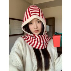 時尚復古高級感 2025新款針織帽 女韓版秋冬季 保暖防寒護脖套頭帽, 1個, 有弹性（54-60cm）,粉色条纹（含羊毛）, 粉色条纹（含羊毛）
