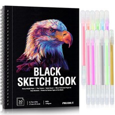 30장 블랙 페이퍼 스케치북 12가지 색상 젤 펜 세트 44.5kg(90파운드)/160gsm 고중량 블랙 스케치 패드 14.9 x 21.6cm(5.5 x 8.5인치) 중성