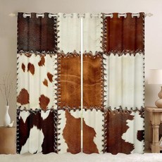 브라운 소 프린트 암막 커튼 하이랜드 소 소가죽 커튼 및 드레이프 야생 동물 소박한 농가 동물 피부 창문 트리트먼트 레트로 패치워크 보헤미안 웨스턴 홈 데코 2개 패널 9