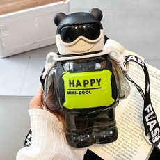 可愛酷酷熊造型水壺 附背帶, 星光熊黑色,850ml, 1個