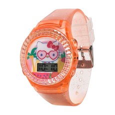 산리오 헬로키티 LCD 시계 - 핑크 글리터 스트랩 투명 케이스 무지갯빛 베젤 디지털 디스플레이 귀여운 꽃무늬 프린트 다이얼 조절 가능한 핏 에게 적합 14cm에서 20.3cm