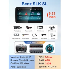 STWEI 신형 자동차 멀티미디어 무선 안드로이드 오토 카플레이 9.33인치 화면 메르세데스 벤츠 SLK SL R172, 06 NTG4.5  4G 32G, 01 China Mainland, 01 8코어