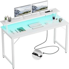 전원 콘센트가 있는 iSunirm 47인치 컴퓨터 책상 LED 조명이 게이밍 모니터 선반이 홈 오피스 워크 데스크 작은 공간을 위한 모던 스터디 필기 테이블 흰색, White, 47 inch