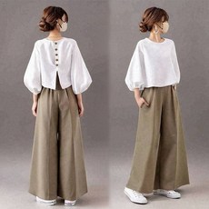 심플 여성 캐주얼 셋업 봄여름 퍼프소매 단추 블라우스 와이드 팬츠 투피스 정장슈트