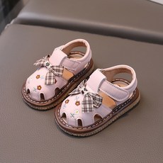 《寶貝不無聊》格紋蝴蝶結涼鞋 叫叫鞋 啾啾鞋 凉鞋學步鞋 包頭軟底 防滑1 2 3歲寶寶 童鞋 男女童 涼鞋