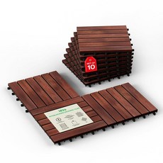 Idzo 인터로킹 데크 타일 2.7제곱미터(9.6제곱피트) - 방수 아카시아 나무 파티오 타일 10개 실내 및 실외용 바닥 타일 - 12개의 슬레이트 데크 체커 패턴 29., 레드 브라운 스트라이프 패턴