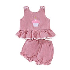 Kayotuas Baby Girl Birthday Outfit Bow Cupcake Embroidery Ruffle Tank Top Bubble Shorts Infant Gin, 레드