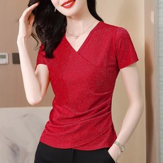 쉘위댄스 고급브이넥댄스복 라인댄스상의 여성댄스상의 반팔댄스복 라틴 벨리, M, 레드