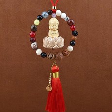 桃木汽车挂件 出入平安, 1個, 十八籽蓮花如來【紅流蘇】