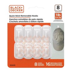 Black+Decker 단단한 벽 후크 퀵 스틱 접착제 탈착식 벽 후크 8개 접착 스트립 16개 벽 손상 없이 장식 걸 수 있음 최대 453.6g(1파운드) 투명, Clear