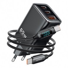 Toocki GaN PPS PD 65W 2C1A 3포트 초고속 멀티충전기, 1개, 블랙+케이블