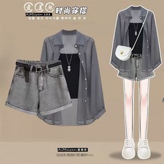 夏日時尚三件套女 吊帶牛仔短褲 防曬衫 套裝, XL 建議55.0-62.5公斤