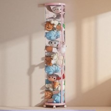 업그레이드된 봉제 동물 보관 튜브 높이 (150cm) 플러시 정리함 바퀴 4개 핑크 PET 투명 버킷 및 이중 지퍼 어린이 방을 위한 공간 절약형 장난감 보관함 봉제, Pink