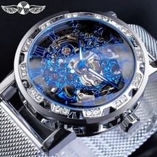 남자 스켈레톤 오토매틱 기계식 수동 시계 2060 손목, 1, S. 실버 블랙 다이얼 블루 문자 실버 메쉬