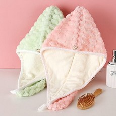 無品牌 雙層加厚珊瑚絨頭巾 幹髮帽 速幹, 1個, 兩條裝 粉色+綠色 雙層吸水/質量超好,精密工藝/不掉毛/雙層吸水