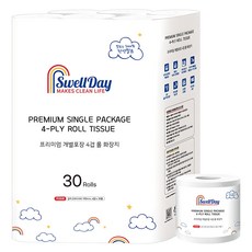 SwellDay 高級獨立包裝4層天然紙漿捲筒衛生紙, 1套, 30捲, 23m