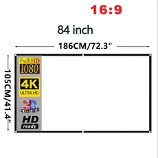XIAOHUI 간단한 흰색 그리드 안티 라이트 스크린 휴대용 프로젝터 60-180인치 홈 오피스 16:9 비율, 10 84 인치