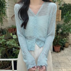 후암마켓 여자 브이넥 시스루 진주버튼 골지니트 긴팔 크롭가디건