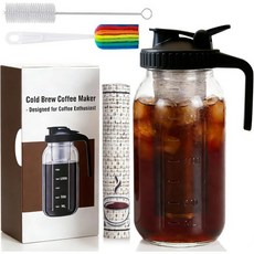 콜드브루 커피 메이커 64oz 피처 (스테인리스 스틸 필터 및 매트 포함) 유리 메이슨 자 (밀폐 뚜껑 브루어 키트 (티 인퓨저 애호가를 위한 선물, 64oz 매트 & 브러시 포함 블랙