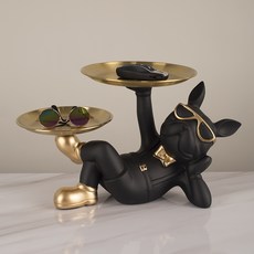 戊辰美學 療癒小物桌上型居家擺飾玄關鑰匙收納灰色黑色狗托盤入新居禮物動物, 黑色狗托盤(配眼鏡)32*17*19CM, 黑色