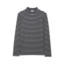 여성 블랙 스트라이프 로고 자수 하프넥 긴소매 티셔츠-235058