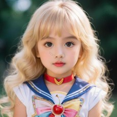 台灣出貨 發票【萬聖節】兒童假頭髮cos美少女戰士水冰月淺金色長卷發六一表演寫真全頭套 萬聖節服飾 連衣裙 萬聖節裝扮