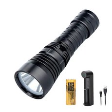 熱銷 【KK園藝】26650專業LED潛水手電筒XML-L2磁控無極調光超強光遠射防水探照燈, 黃光單手電筒紅圈+26650電池充電器