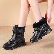 雪靴女中筒雪地靴，防滑防水加絨保暖，大尺碼冬季戶外登山防寒女鞋, 黑色-升級防水款