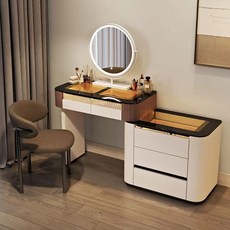 舒馨美境 帶氛圍燈 實木化妝桌 拼色斗櫃 化妝臺 臥室櫃子, 奶白棕邊 三斗櫃款 玻璃櫃面【整裝發貨】,801mm桌+櫃（無凳無鏡）