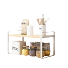 桌面收納架 雙層桌上置物架 廚房收納架 文具架 化妝台收納, 1個, 單層白架木色板
