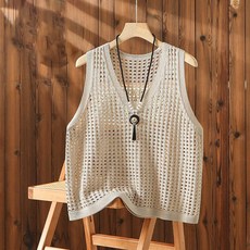 ROYALBELLE 여성 브이넥 루즈핏 망사 니트 베스트 민소매 이너 레이어드 조끼 D0050722