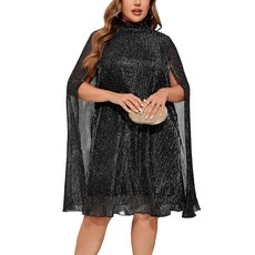 ZOMVA 플러스 사이즈 반짝이는 케이프 슬리브 쇼트 드레스 하이넥 루즈한 핏 하늘거리는 드레스 칵테일 파티 드레스 골드 2X