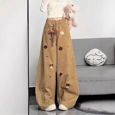 해피유통 여성 와이드 데님 팬츠 캐주얼 자수 장식 귀여운 디자인 봄 가을